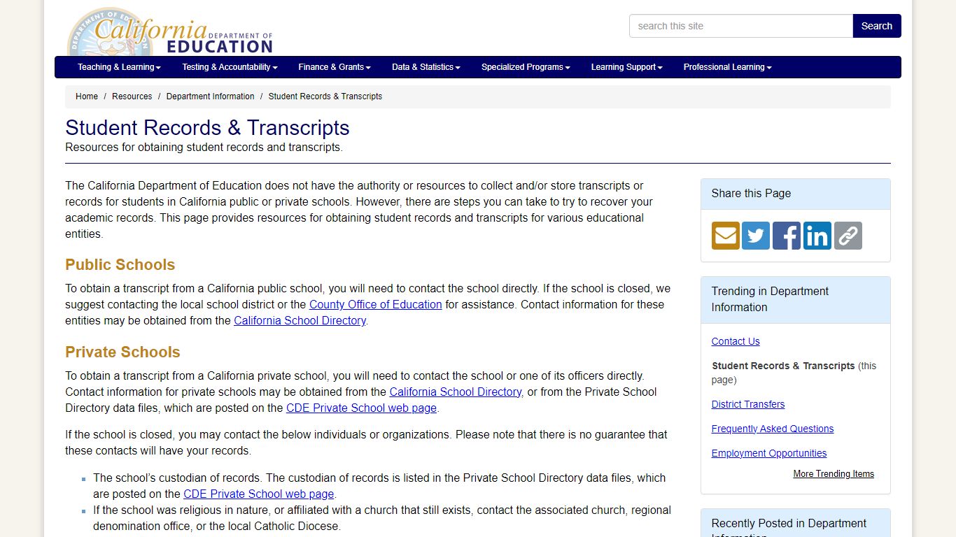 Student Records & Transcripts - Department Information (CA Dept of ...