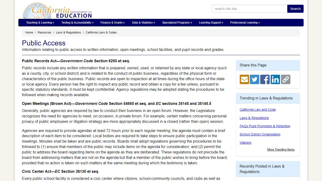 Public Access - California Laws & Codes (CA Dept of Education)