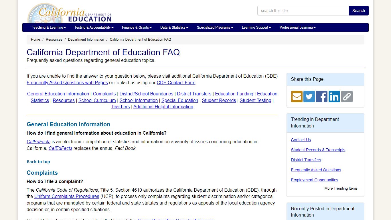 California Department of Education FAQ - Department Information (CA ...